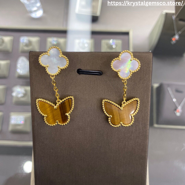 🦋 Enchanted Clover & Butterfly Drop Earrings – Pearl & Tiger’s Eye Harmony ✨
