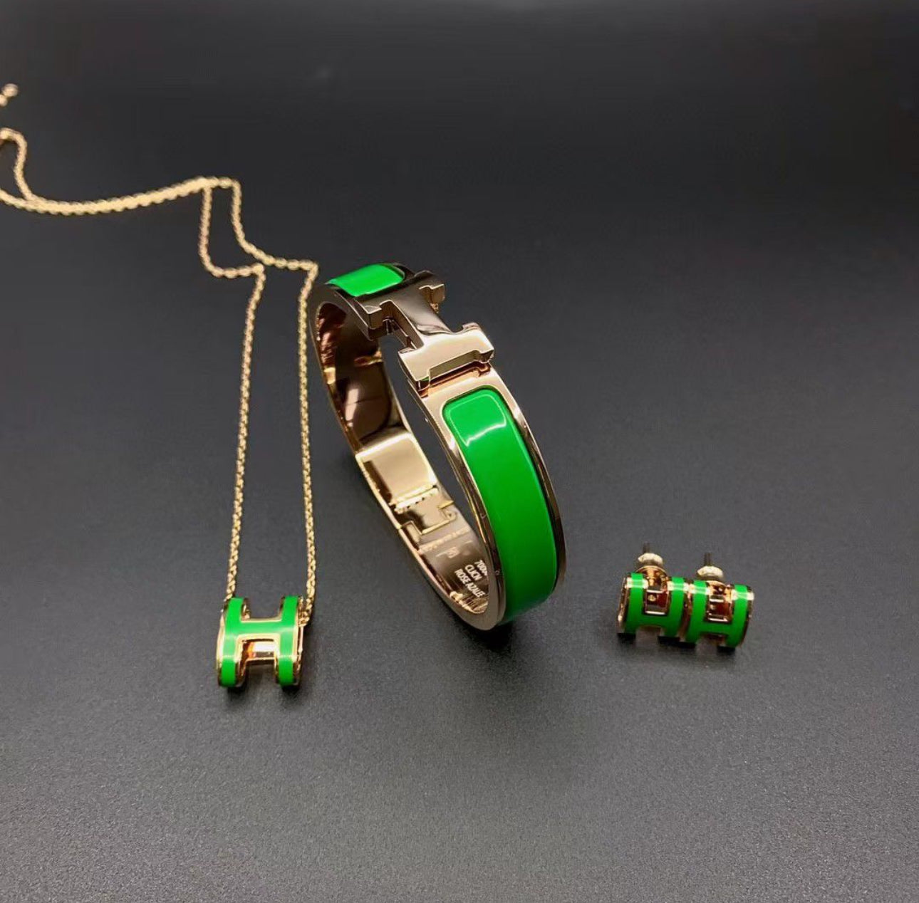 Luxury-Inspired H Jewelry Set – Bracelet, Necklace & Earrings | Available in White, Black, Pink, Red, Green & Blue