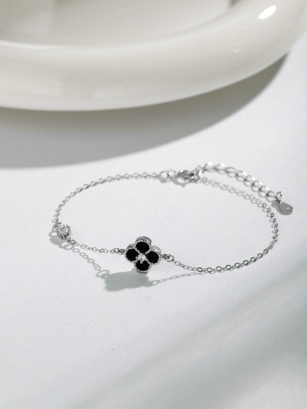 "Noir Fleur" Black Enamel Clover Bracelet in Sterling Silver ⚫