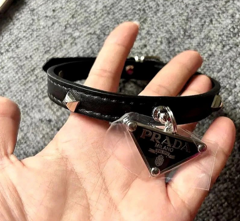 Prada Black Leather Studded Dog Collar with Pendant – Luxury Designer Pet Accessory