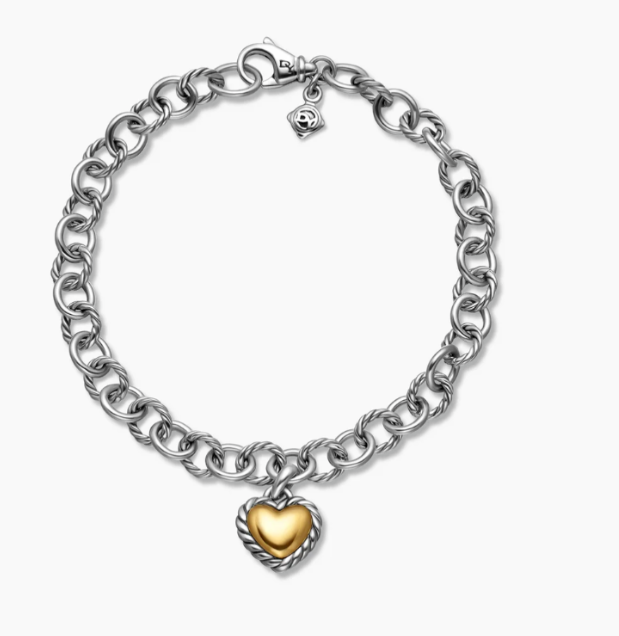 Trendy Sterling Silver Heart Charm Bracelet & Necklace Set – Two-Tone Gold & Silver Matching Jewelry