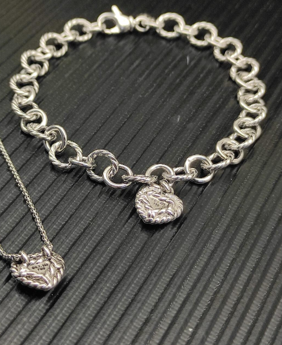 Trendy Sterling Silver Heart Charm Bracelet & Necklace Set – Two-Tone Gold & Silver Matching Jewelry