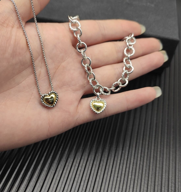 Trendy Sterling Silver Heart Charm Bracelet & Necklace Set – Two-Tone Gold & Silver Matching Jewelry