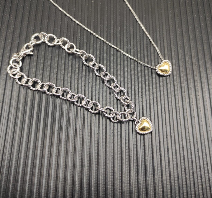 Trendy Sterling Silver Heart Charm Bracelet & Necklace Set – Two-Tone Gold & Silver Matching Jewelry