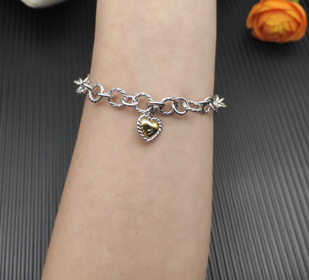 Trendy Sterling Silver Heart Charm Bracelet & Necklace Set – Two-Tone Gold & Silver Matching Jewelry