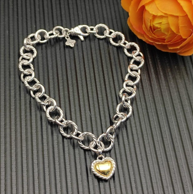 Trendy Sterling Silver Heart Charm Bracelet & Necklace Set – Two-Tone Gold & Silver Matching Jewelry