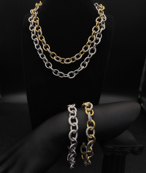 Trendy Chunky Rope Link Bracelet & Necklace Set – Gold, Silver, and Two-Tone Chains