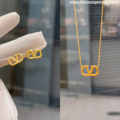 ✨💛 “Gilded Icon” V-Logo Necklace & Studs Set
