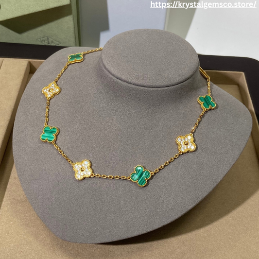 Elegant Clover Malachite & Diamond-Inspired Necklace – 18k Gold Plated