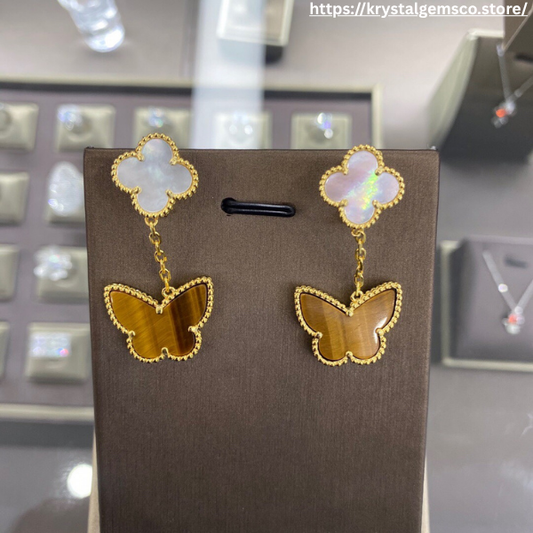🦋 Enchanted Clover & Butterfly Drop Earrings – Pearl & Tiger’s Eye Harmony ✨