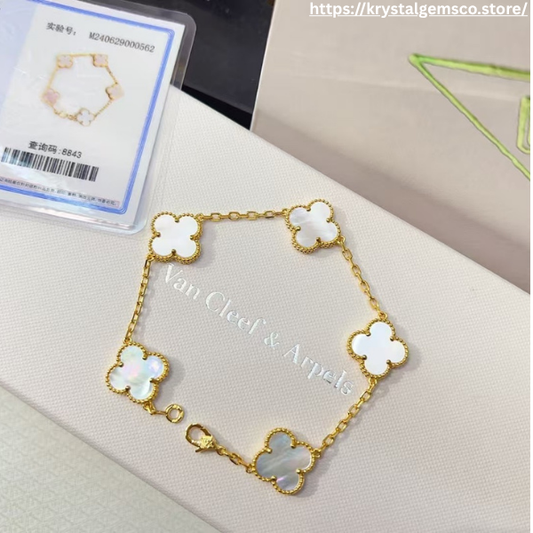 ✨ Golden Luxe Clover Bracelet – White Mother of Pearl Radiance 🍀