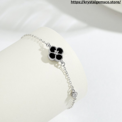 "Noir Fleur" Black Enamel Clover Bracelet in Sterling Silver ⚫