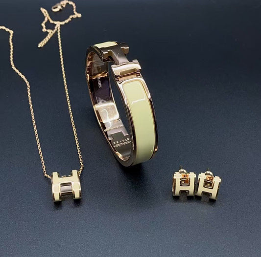 Luxury-Inspired H Jewelry Set – Bracelet, Necklace & Earrings | Available in White, Black, Pink, Red, Green & Blue