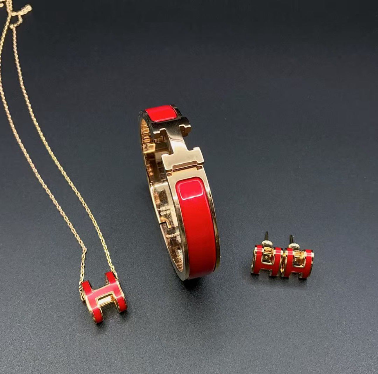 Luxury-Inspired H Jewelry Set – Bracelet, Necklace & Earrings | Available in White, Black, Pink, Red, Green & Blue