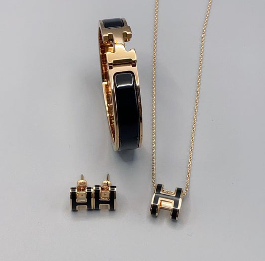 Luxury-Inspired H Jewelry Set – Bracelet, Necklace & Earrings | Available in White, Black, Pink, Red, Green & Blue