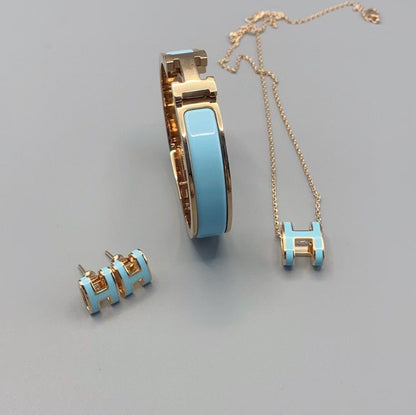 Luxury-Inspired H Jewelry Set – Bracelet, Necklace & Earrings | Available in White, Black, Pink, Red, Green & Blue