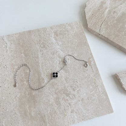 "Noir Fleur" Black Enamel Clover Bracelet in Sterling Silver ⚫