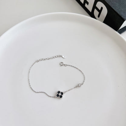 "Noir Fleur" Black Enamel Clover Bracelet in Sterling Silver ⚫