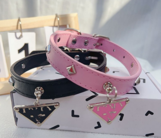 Prada Black Leather Studded Dog Collar with Pendant – Luxury Designer Pet Accessory