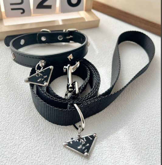 Prada Black Leather Studded Dog Collar with Pendant – Luxury Designer Pet Accessory