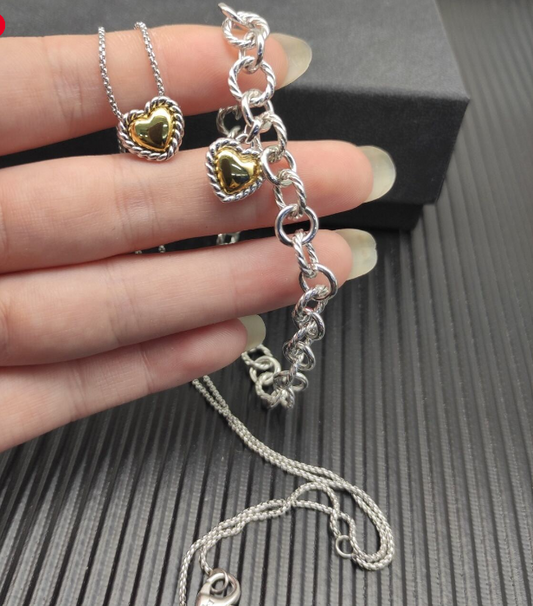 Trendy Sterling Silver Heart Charm Bracelet & Necklace Set – Two-Tone Gold & Silver Matching Jewelry