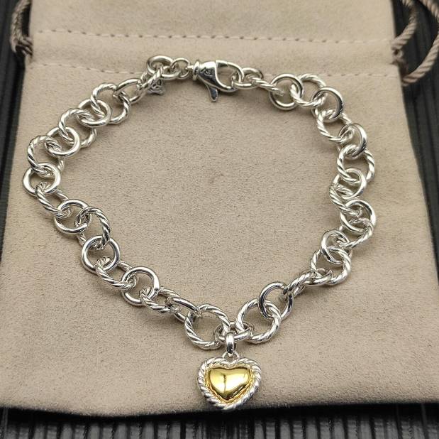 Trendy Sterling Silver Heart Charm Bracelet & Necklace Set – Two-Tone Gold & Silver Matching Jewelry