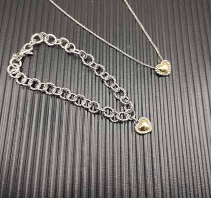 Trendy Sterling Silver Heart Charm Bracelet & Necklace Set – Two-Tone Gold & Silver Matching Jewelry