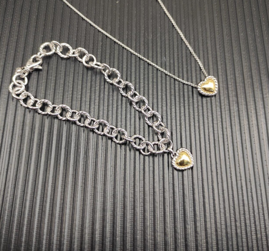 Trendy Sterling Silver Heart Charm Bracelet & Necklace Set – Two-Tone Gold & Silver Matching Jewelry