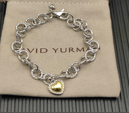 Trendy Sterling Silver Heart Charm Bracelet & Necklace Set – Two-Tone Gold & Silver Matching Jewelry