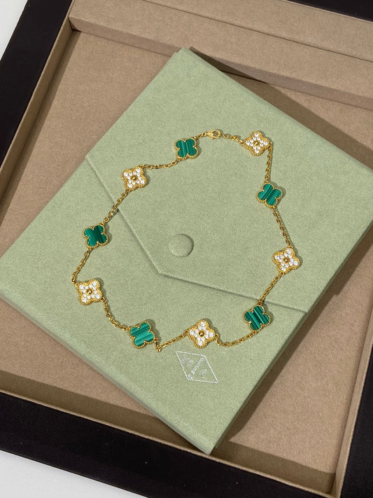 Elegant Clover Malachite & Diamond-Inspired Necklace – 18k Gold Plated