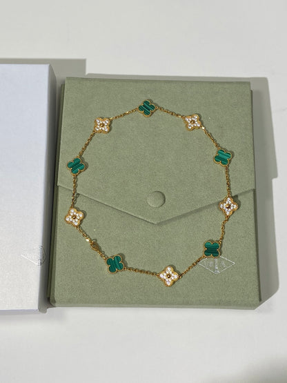 Elegant Clover Malachite & Diamond-Inspired Necklace – 18k Gold Plated