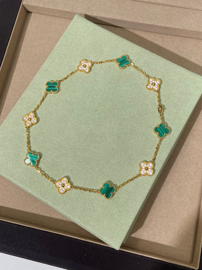 Elegant Clover Malachite & Diamond-Inspired Necklace – 18k Gold Plated